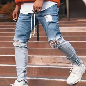 Men Drawstring Waist Ripped Ombre Jeans